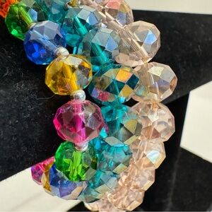SET of 3 AB Faceted Glass Bead Bracelet Blue Pink Multicolor Iridescent Stretch